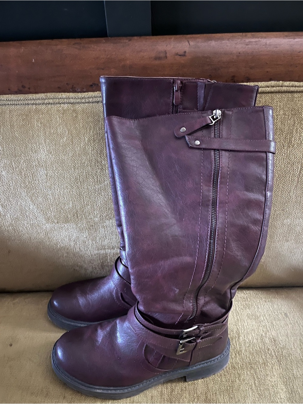 Women's Tall Riding Boots in Burgundy faux leather